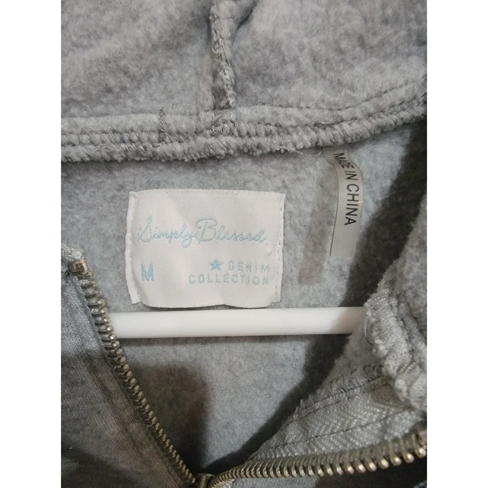 Lovely Bloom Denim Jacket M Blue Cropped Raw Hem Gray Hooded Layered Look Medium